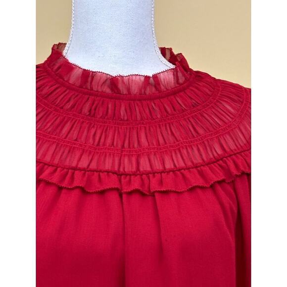 Ann Taylor red smocked yoke blouse, NWT, medium, office, career, sheer, bright - Picture 4 of 8